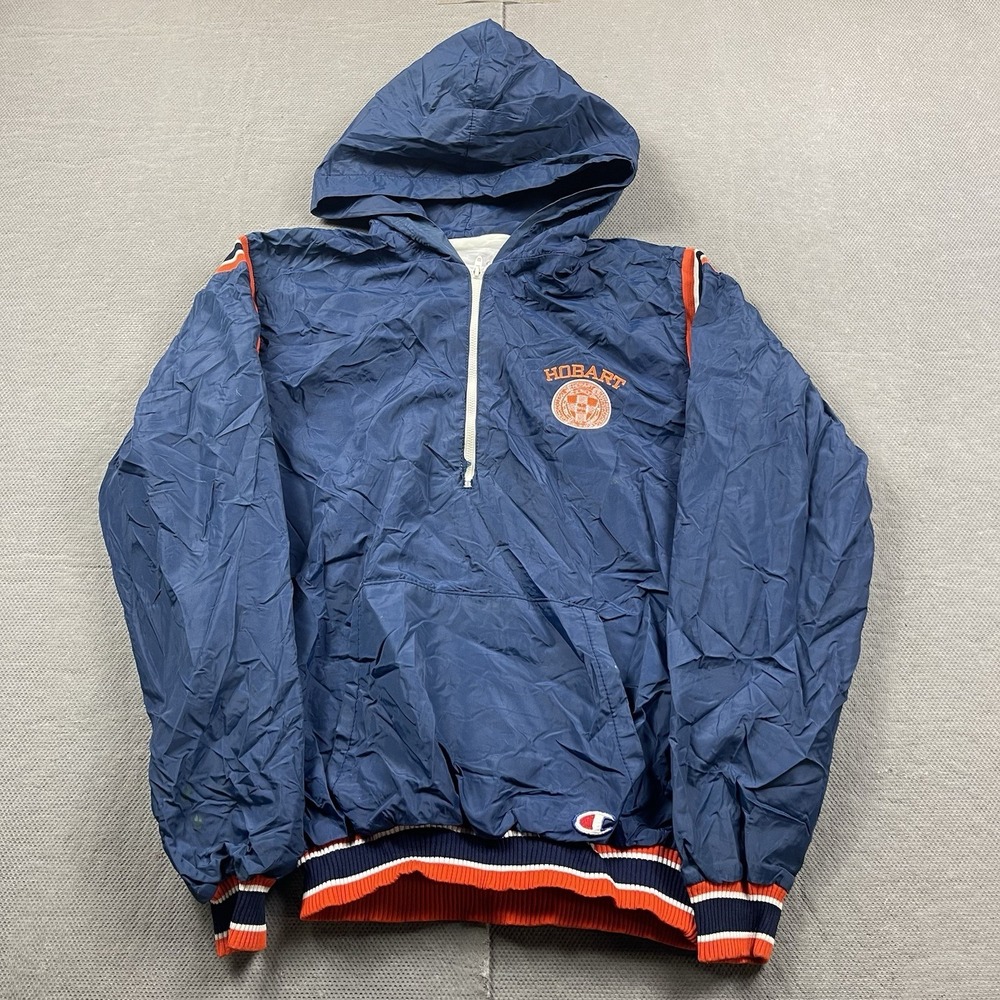 Vintage Champion Jacket Mens Medium Blue 1/4 Zip Hobart College Blue Windbreaker